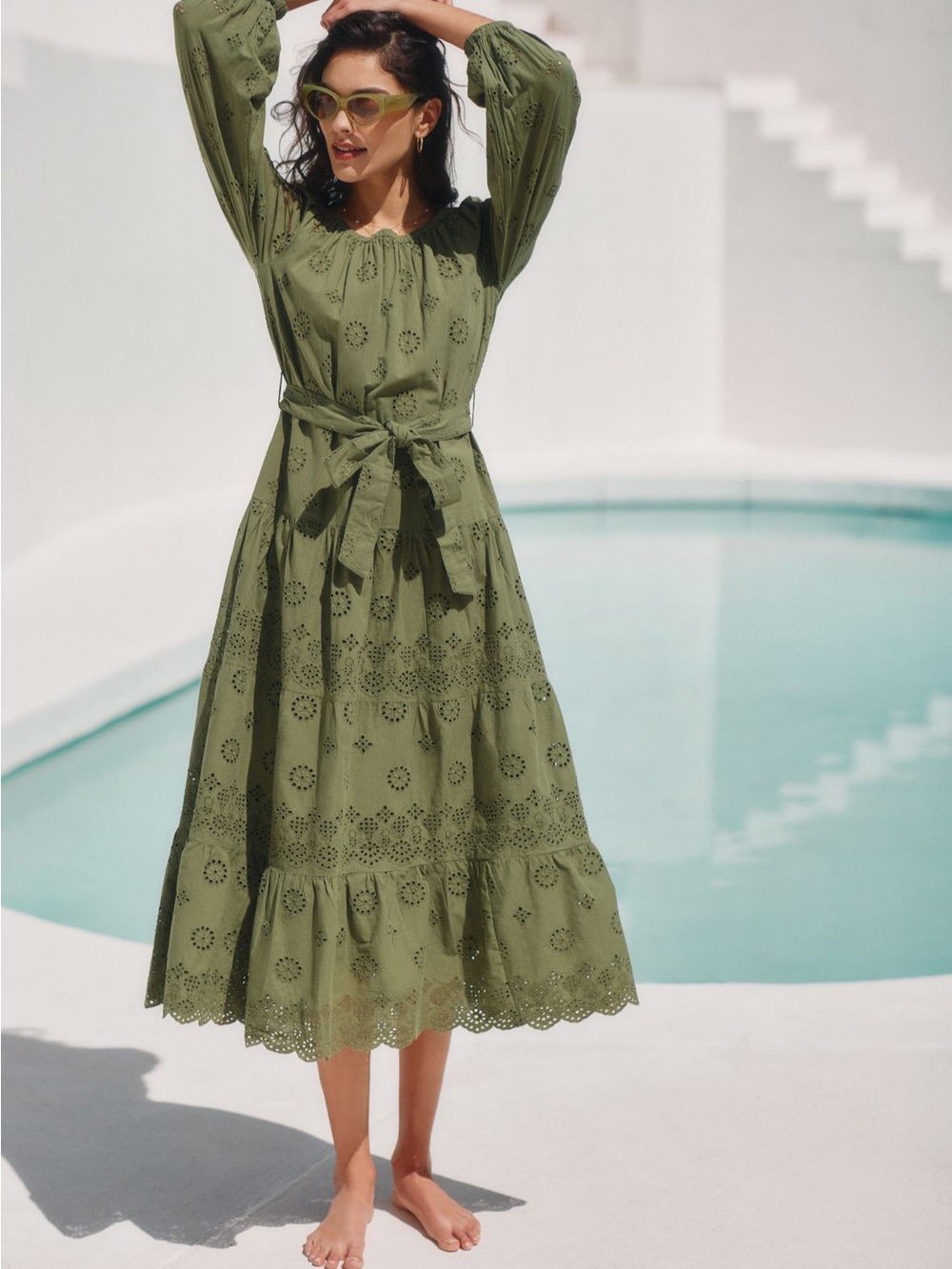 Roller Rabbit Olive Eyelet Maxi Dress with Tie Waist